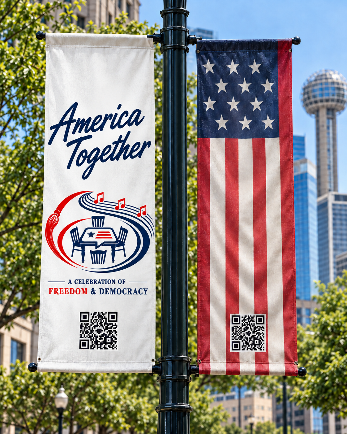 America Together and American flag banners with QR codes on a Dallas lamppost