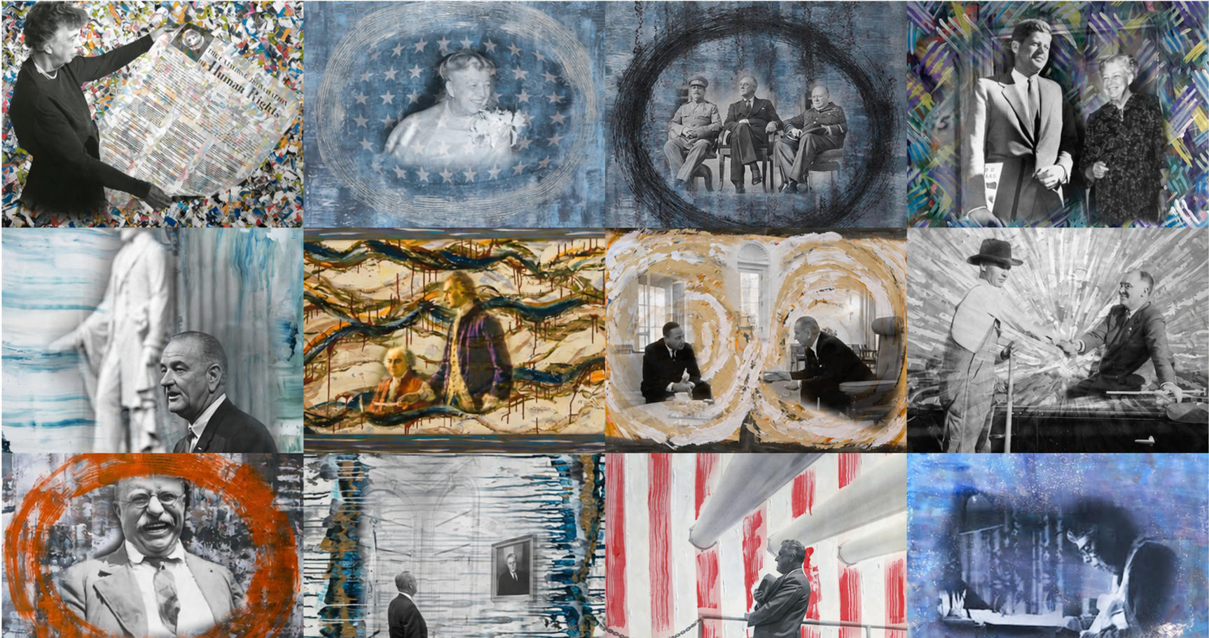 Collage of Historic American Pop paintings with The Big Three in the top row, third position