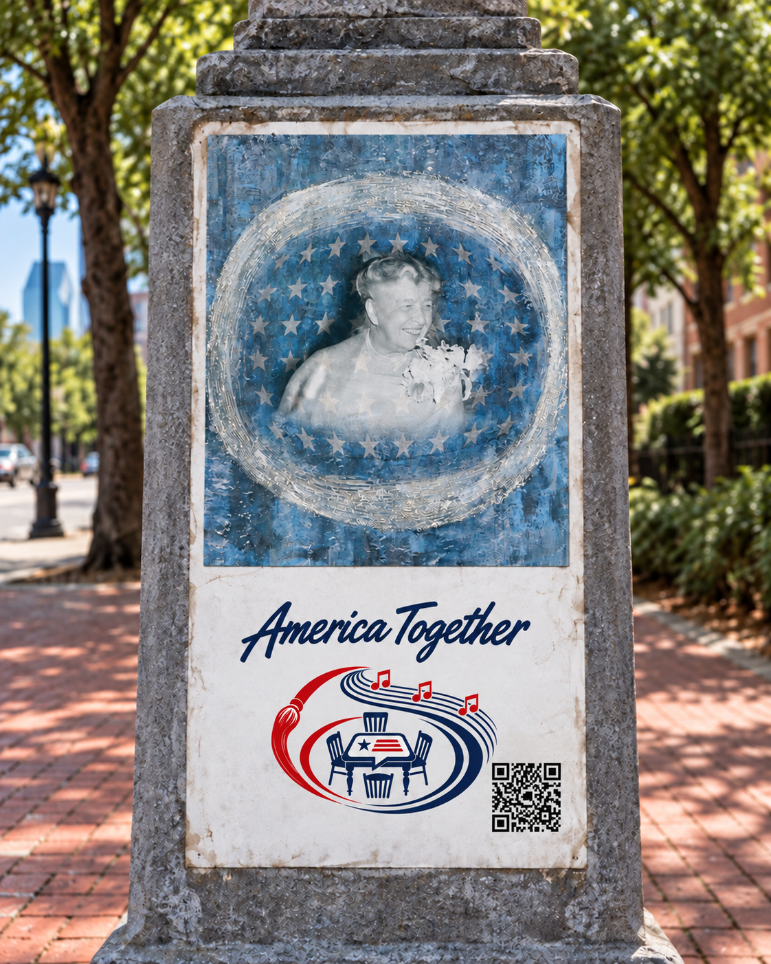 Eleanor Roosevelt with stars and circular artwork on a concrete street post