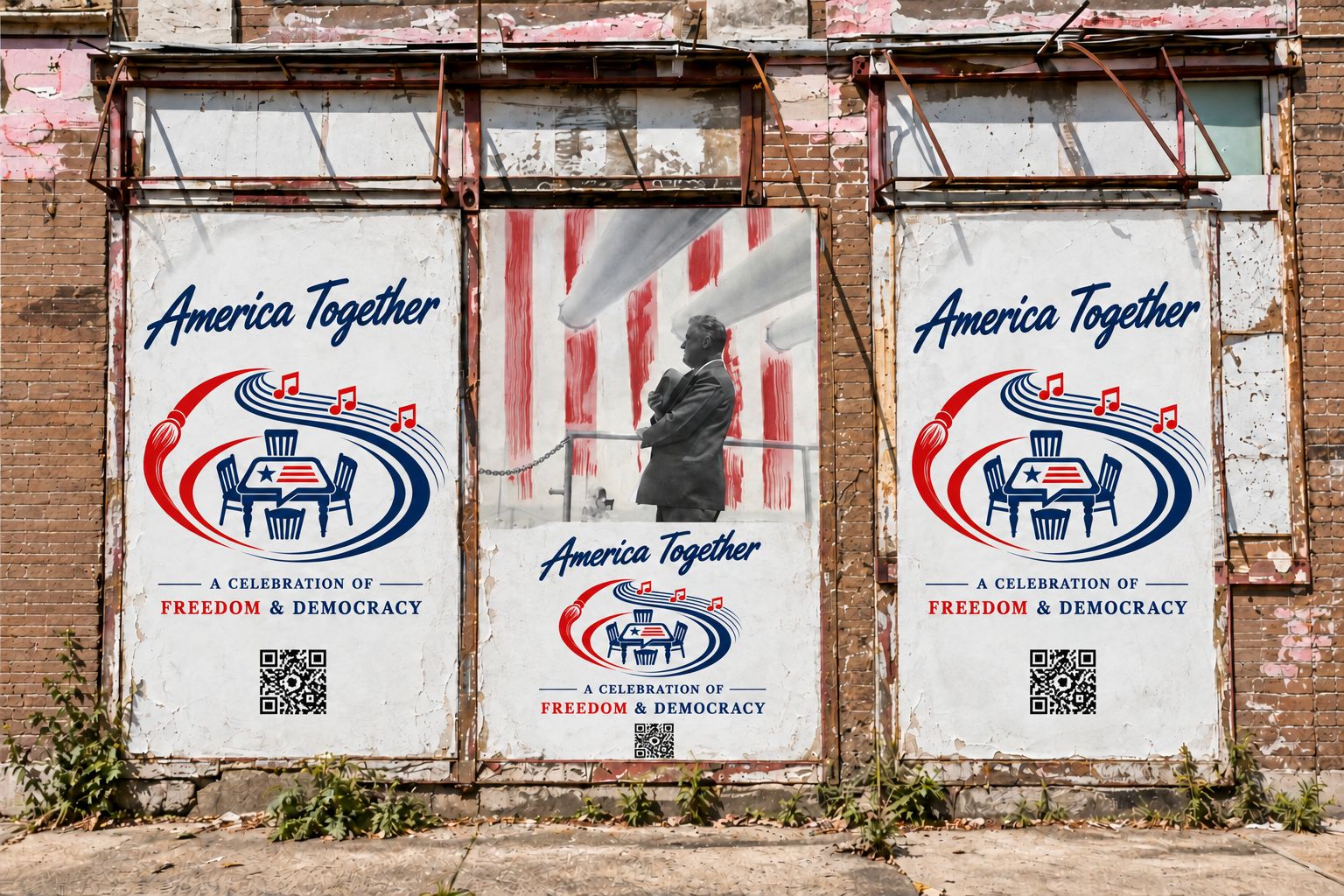 America Together posters displayed across three wall panels
